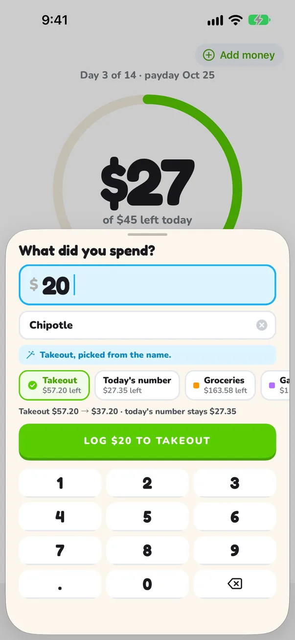 Log sheet: $20 typed, named Chipotle, Penny picked the Takeout envelope