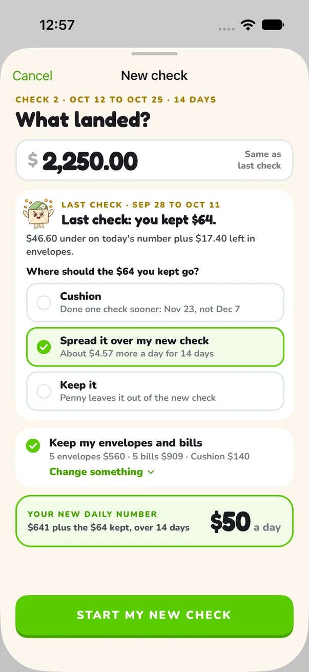 New check screen asking what landed, with $2,250.00 typed in