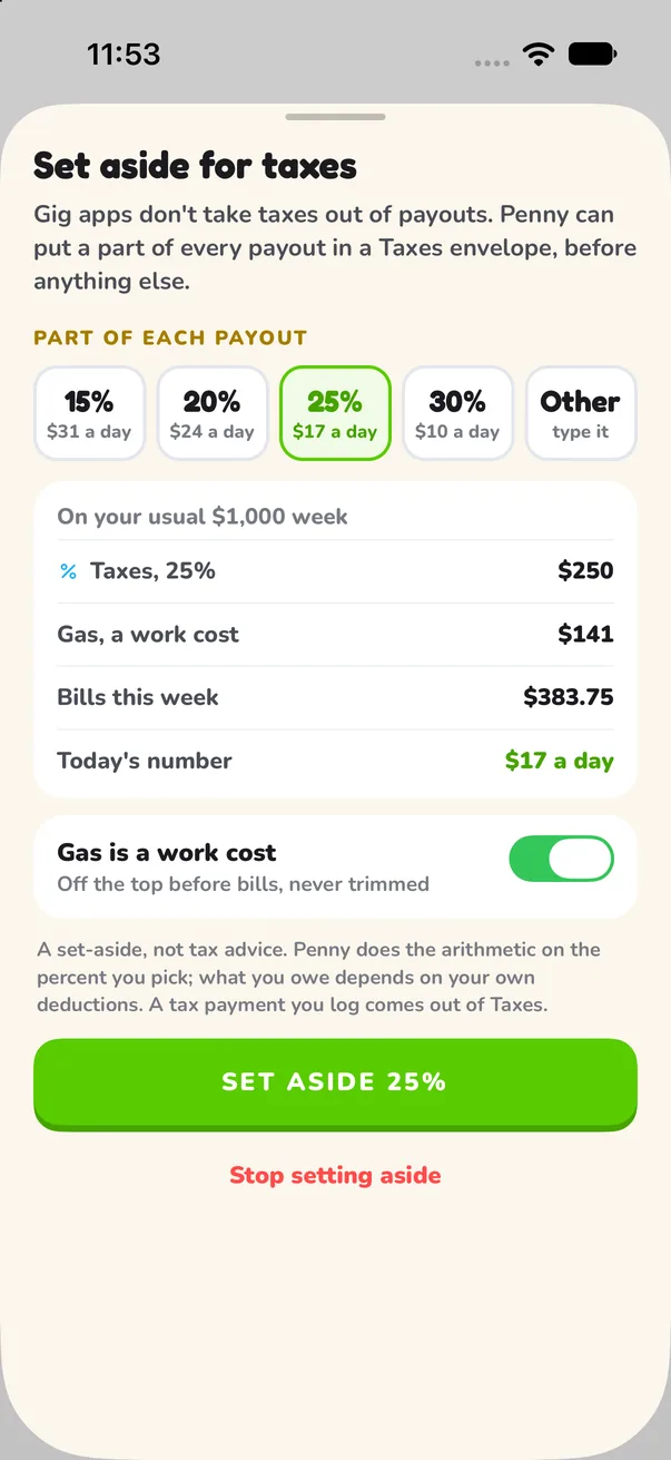 Penny's set aside for taxes screen with 15, 20, 25 and 30 percent choices and 25 percent picked