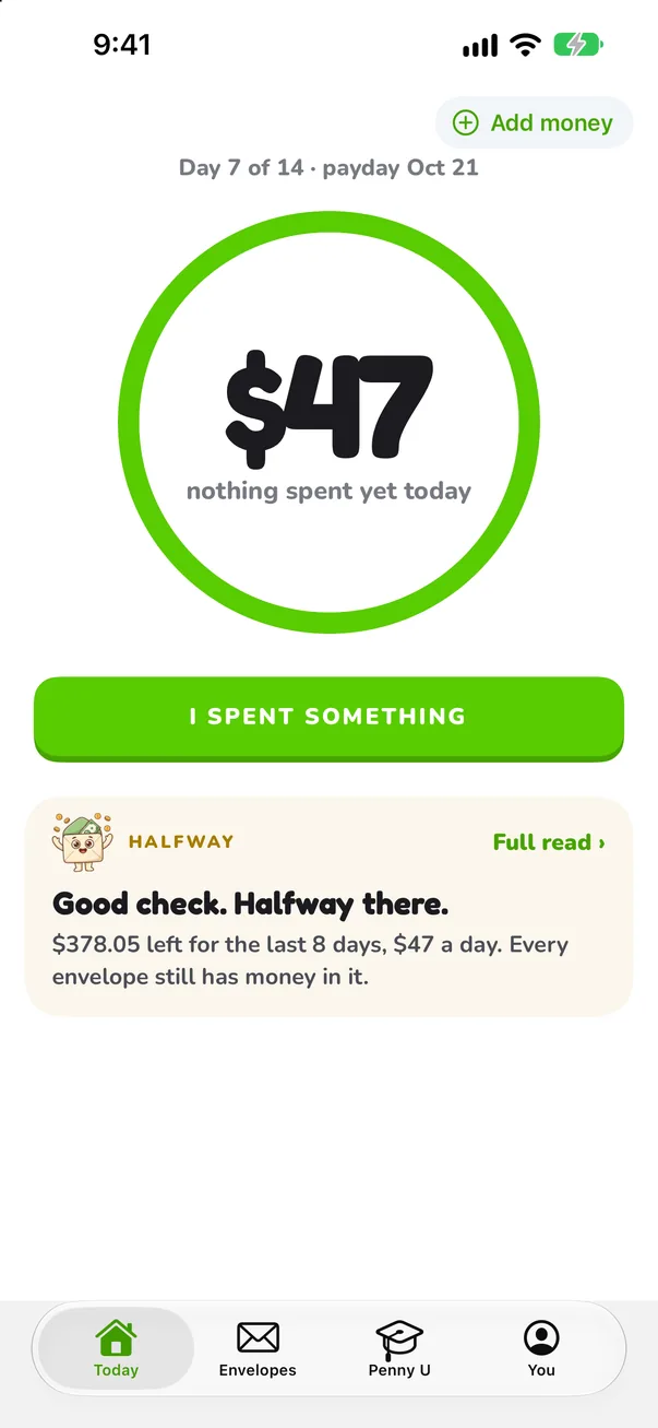 Penny Payday Today screen: $47 inside a green ring, nothing spent yet today, day 7 of 14